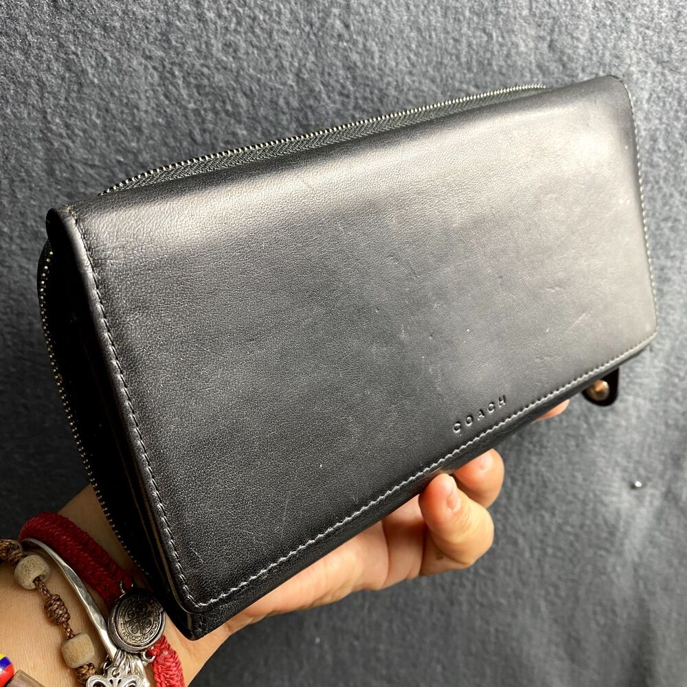 Vintage Coach Legacy Black Leather Trifold Checkbook Wallet Silver Zip Organizer - Picture 12 of 12